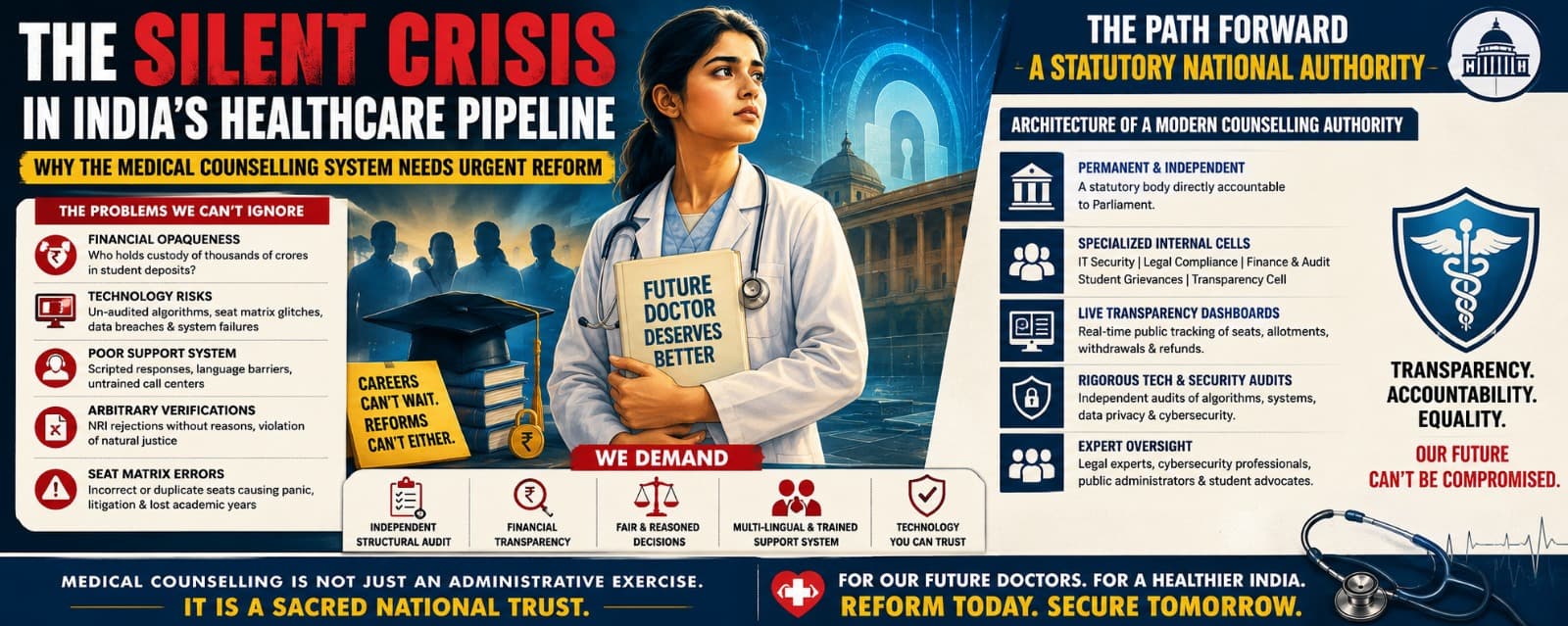 ഇന്ത്യയുടെ ഹെൽത്ത്‌കെയർ ഭാവിയെ ബാധിക്കുന്ന നിശ്ശബ്ദ പ്രതിസന്ധി: മെഡിക്കൽ കൗൺസിലിംഗ് സംവിധാനത്തിന് അടിയന്തര പരിഷ്‌കരണം അനിവാര്യം