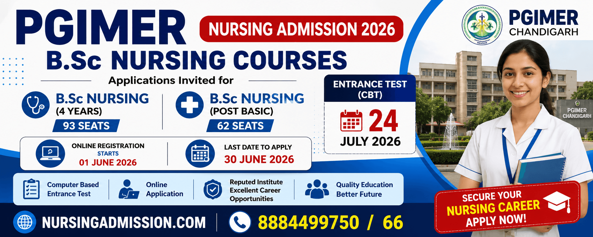 PGIMER B.Sc Nursing Admission 2026: आवेदन शुरू, 24 जुलाई को CBT Entrance Exam