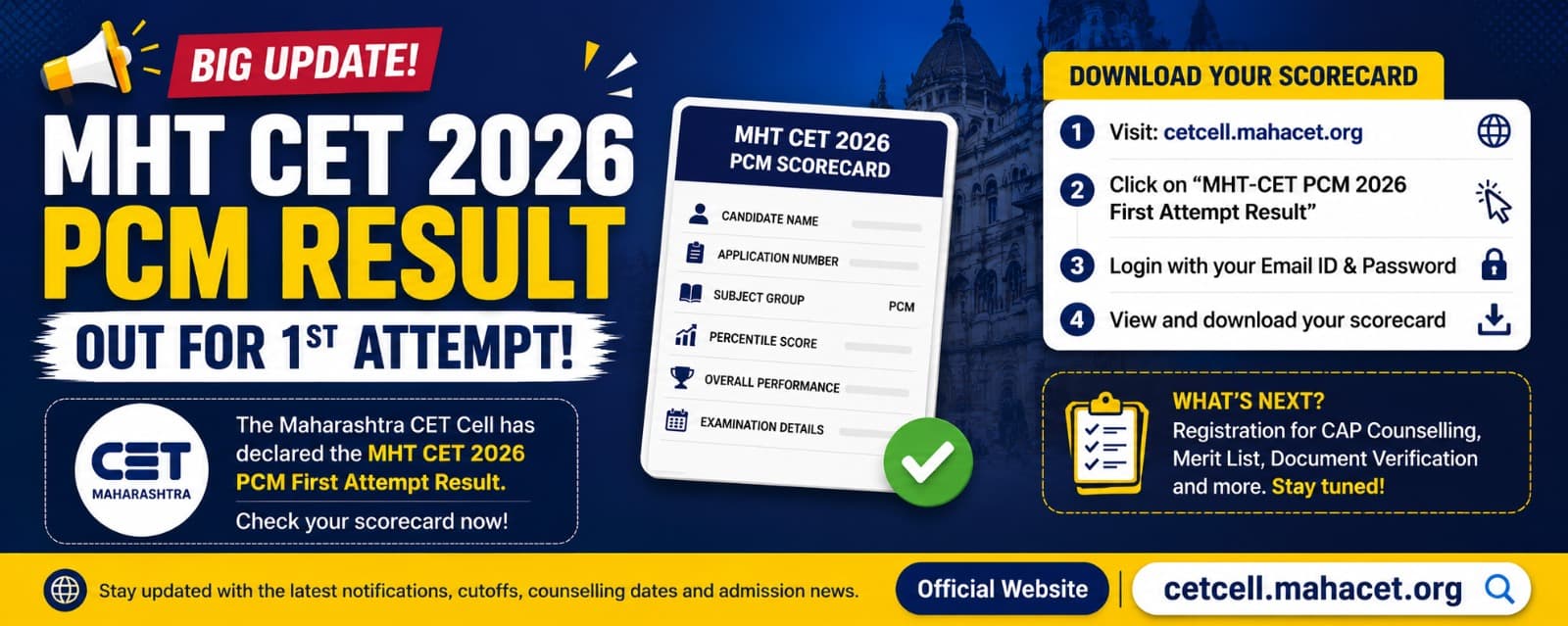 MHT CET 2026 PCM Result Out for 1st Attempt; Download Scorecard at cetcell.mahacet.org